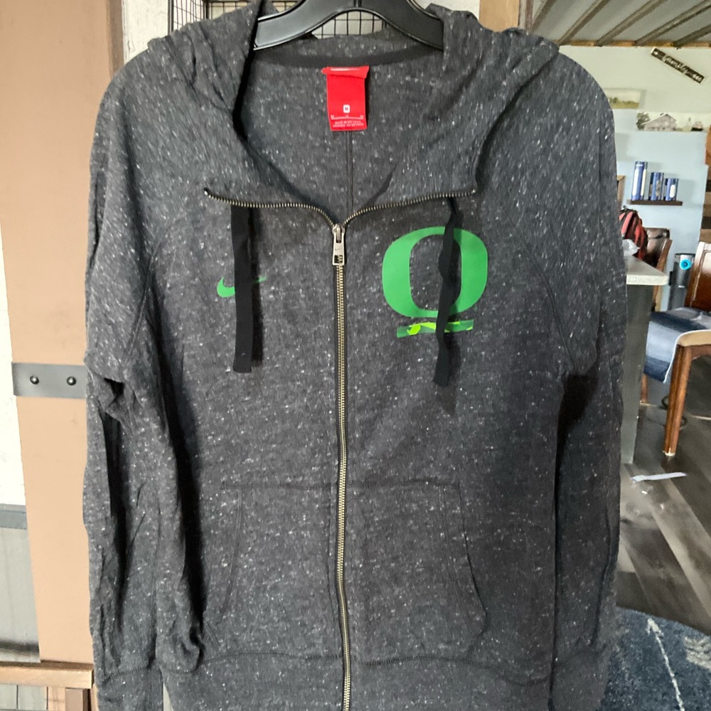 Nike Dark Gray Zip-Up Hoodie with Green Oregon O Logo